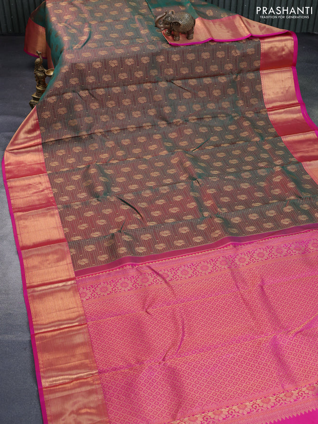 Pure kanchipuram silk saree dual shade of greenish red and pink with allover zari woven brocade weaves and rich zari woven border