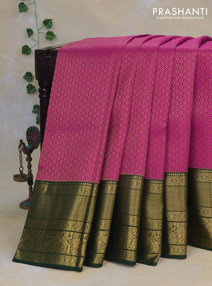 Pure kanchipuram silk saree pink and dark green with allover zari woven brocade weaves and long zari woven border