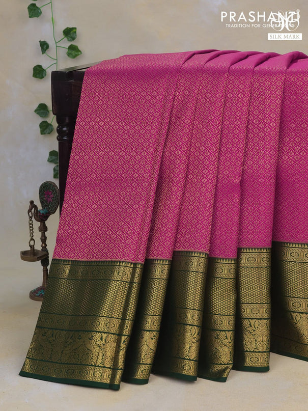 Pure kanchipuram silk saree pink and dark green with allover zari woven brocade weaves and long zari woven border