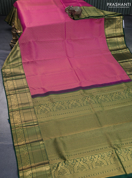 Pure kanchipuram silk saree pink and dark green with allover zari woven brocade weaves and long zari woven border