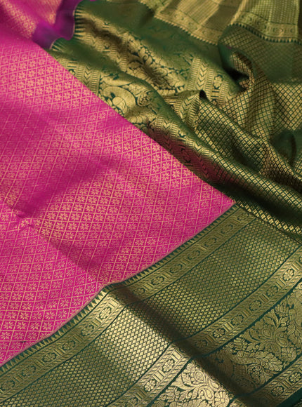 Pure kanchipuram silk saree pink and dark green with allover zari woven brocade weaves and long zari woven border