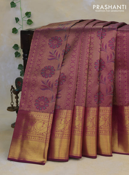 Pure kanchipuram silk saree purple with allover zari woven brocade weaves and rich annam zari woven border