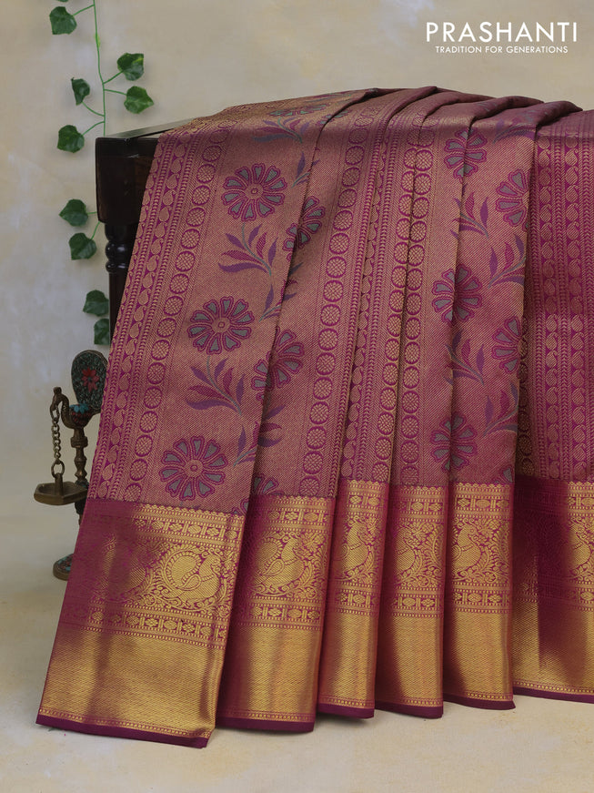 Pure kanchipuram silk saree purple with allover zari woven brocade weaves and rich annam zari woven border