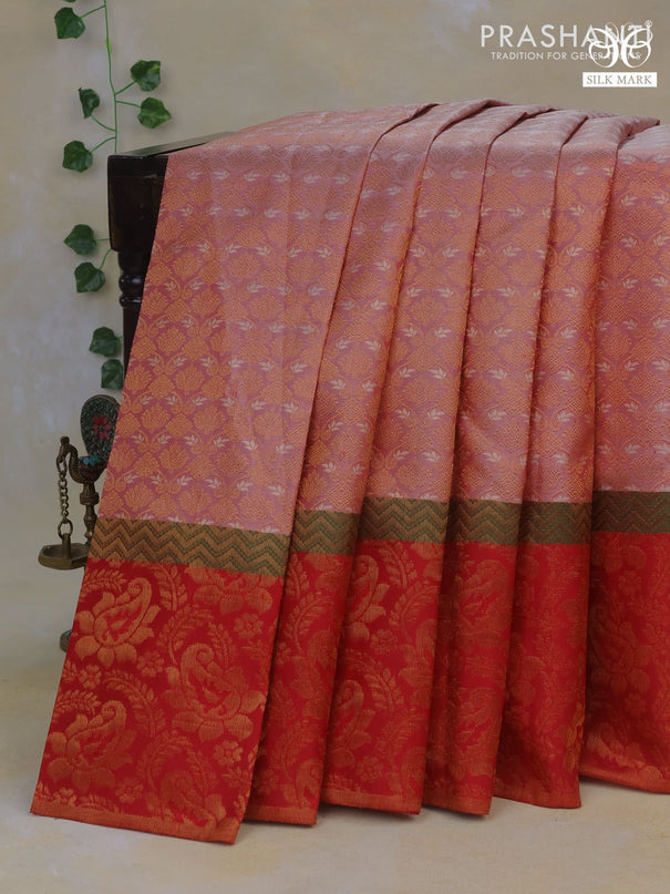 Pure kanchipuram silk saree pastel pink and red with allover zari woven brocade weaves and rich paisley zari woven border