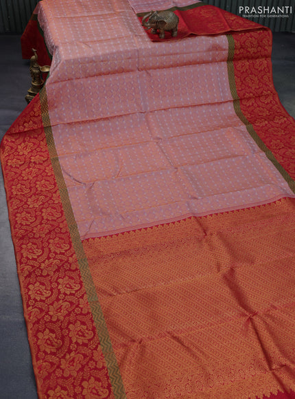 Pure kanchipuram silk saree pastel pink and red with allover zari woven brocade weaves and rich paisley zari woven border