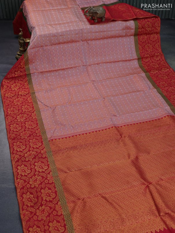 Pure kanchipuram silk saree pastel pink and red with allover zari woven brocade weaves and rich paisley zari woven border