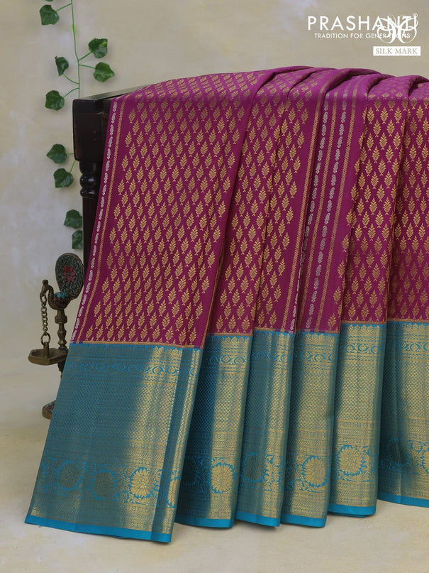 Pure kanchipuram silk saree purple and teal blue with allover zari woven brocade weaves and long rich zari woven border