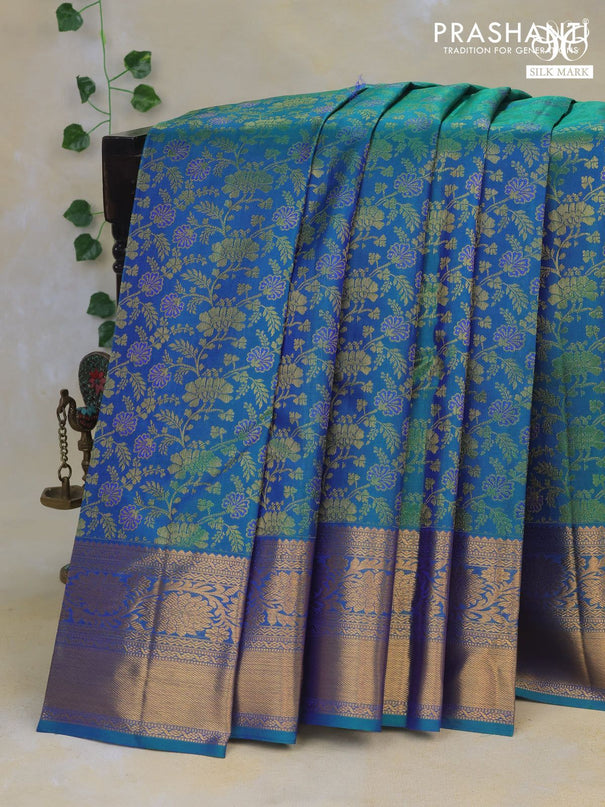 Pure kanchipuram silk saree dual shade of bluish green with allover zari woven floral brocade weaves and long rich zari woven border