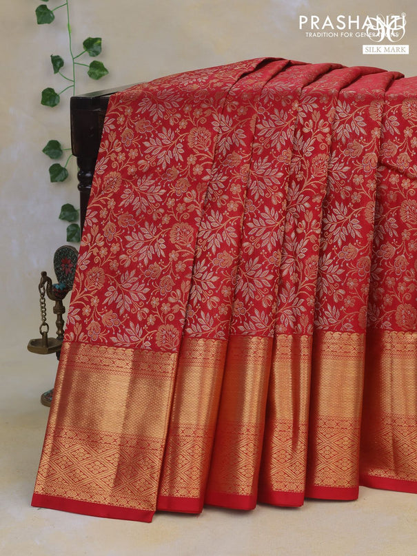 Pure kanchipuram silk saree kumkum red with allover zari woven floral brocade weaves and long rich zari woven border