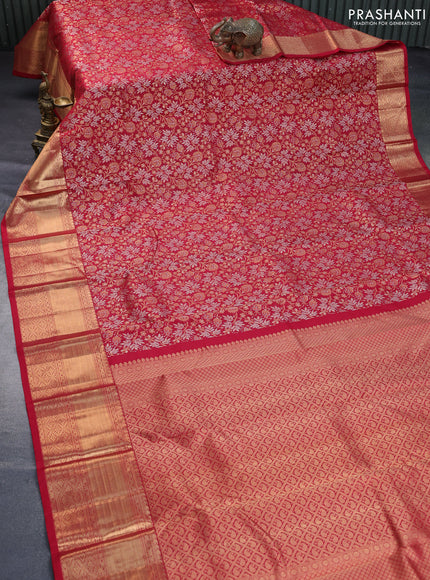 Pure kanchipuram silk saree kumkum red with allover zari woven floral brocade weaves and long rich zari woven border