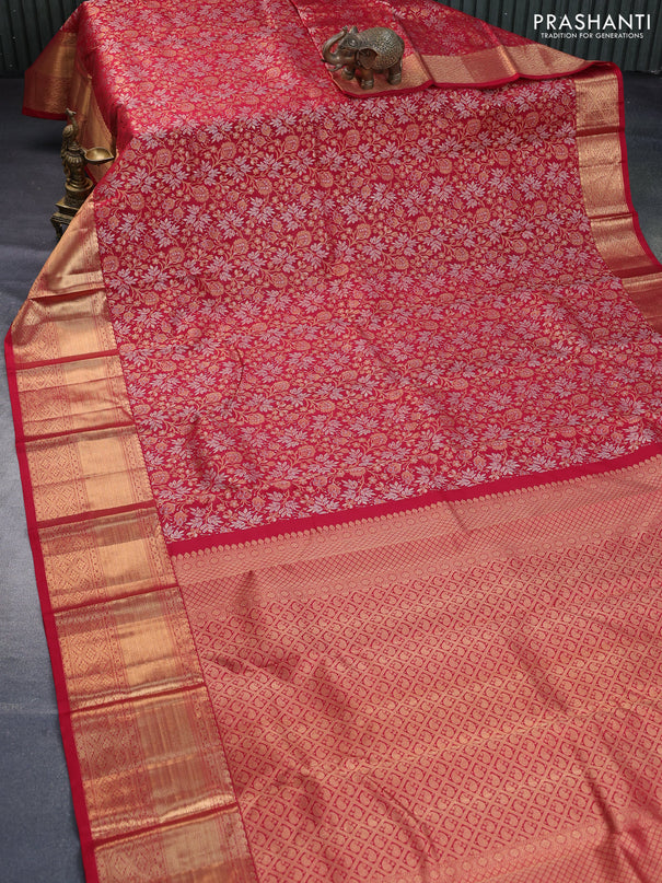 Pure kanchipuram silk saree kumkum red with allover zari woven floral brocade weaves and long rich zari woven border