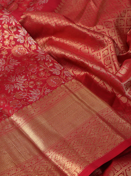 Pure kanchipuram silk saree kumkum red with allover zari woven floral brocade weaves and long rich zari woven border