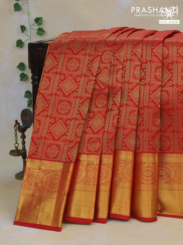 Pure kanchipuram silk saree red with allover zari woven brocade weaves and long rich zari woven border