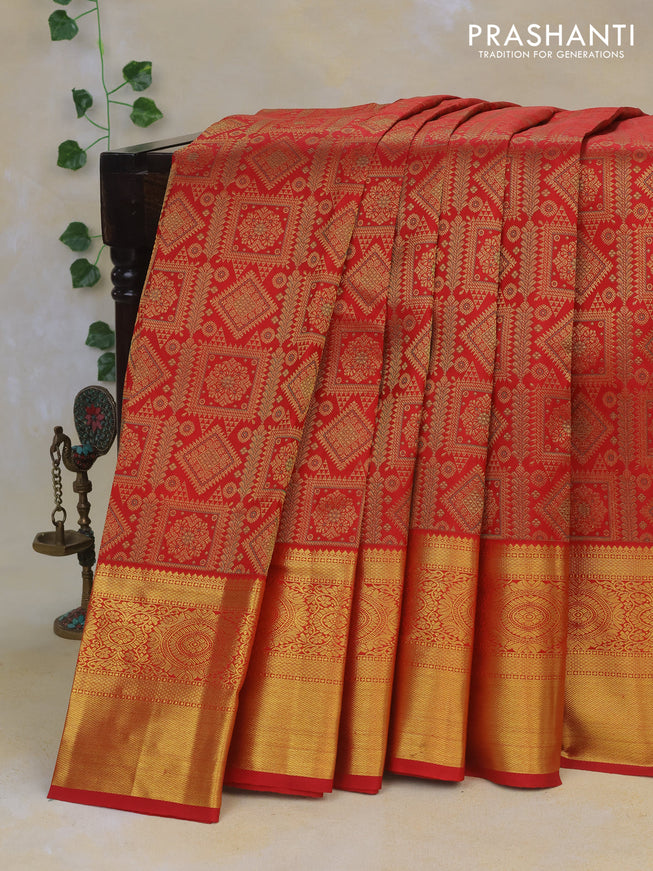 Pure kanchipuram silk saree red with allover zari woven brocade weaves and long rich zari woven border