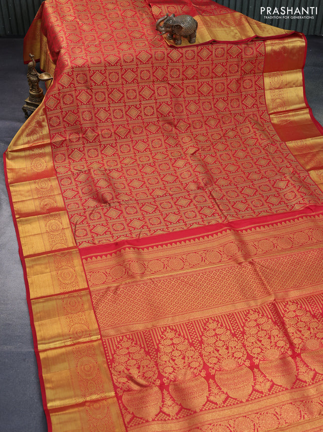 Pure kanchipuram silk saree red with allover zari woven brocade weaves and long rich zari woven border