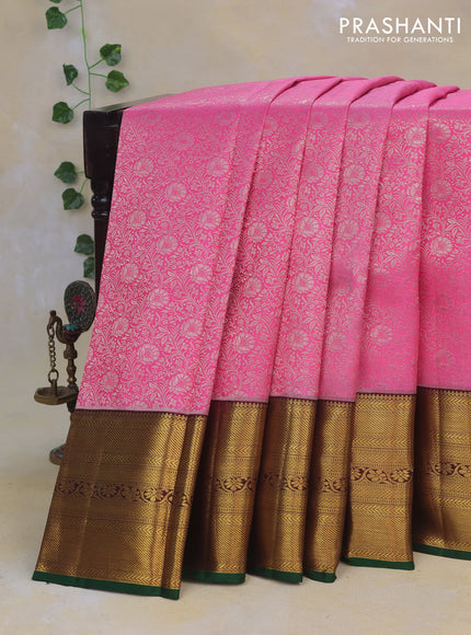 Pure kanchipuram silk saree candy pink and green with allover zari woven brocade weaves and long rich zari woven border