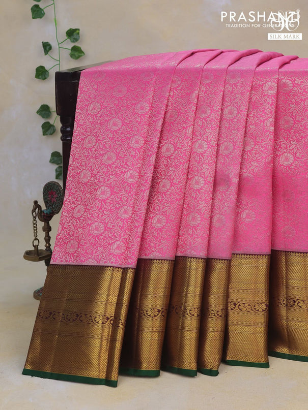 Pure kanchipuram silk saree candy pink and green with allover zari woven brocade weaves and long rich zari woven border