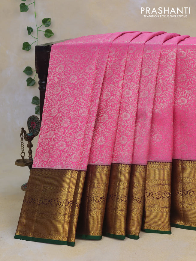 Pure kanchipuram silk saree candy pink and green with allover zari woven brocade weaves and long rich zari woven border