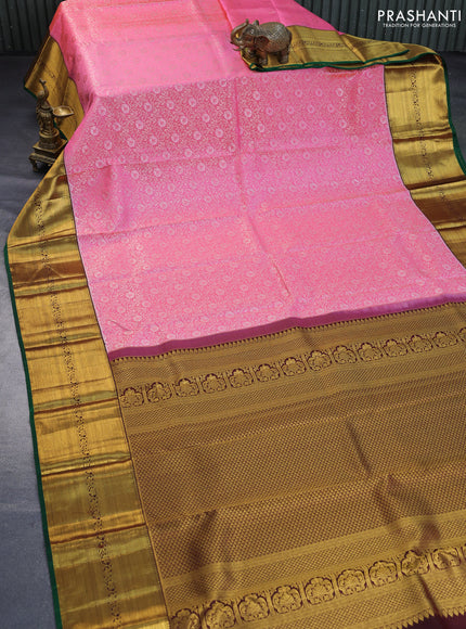 Pure kanchipuram silk saree candy pink and green with allover zari woven brocade weaves and long rich zari woven border