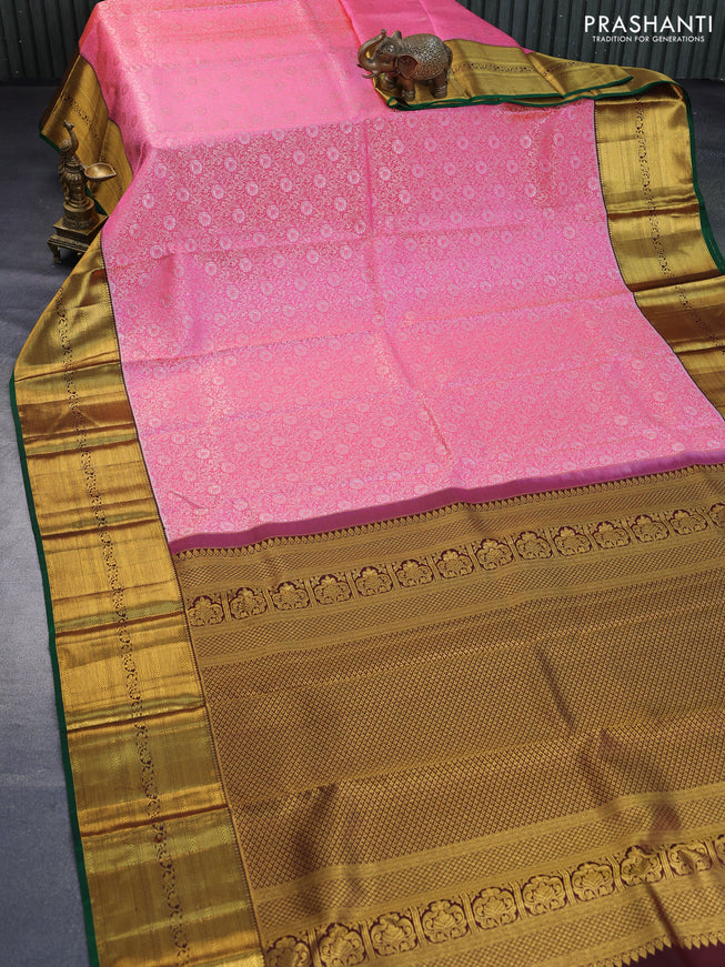 Pure kanchipuram silk saree candy pink and green with allover zari woven brocade weaves and long rich zari woven border