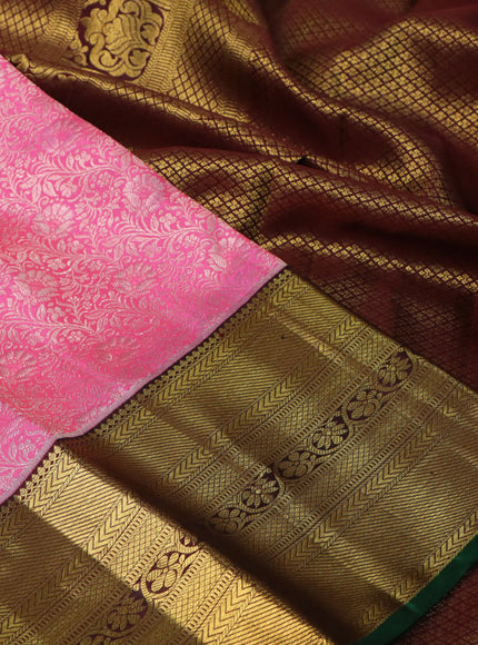 Pure kanchipuram silk saree candy pink and green with allover zari woven brocade weaves and long rich zari woven border