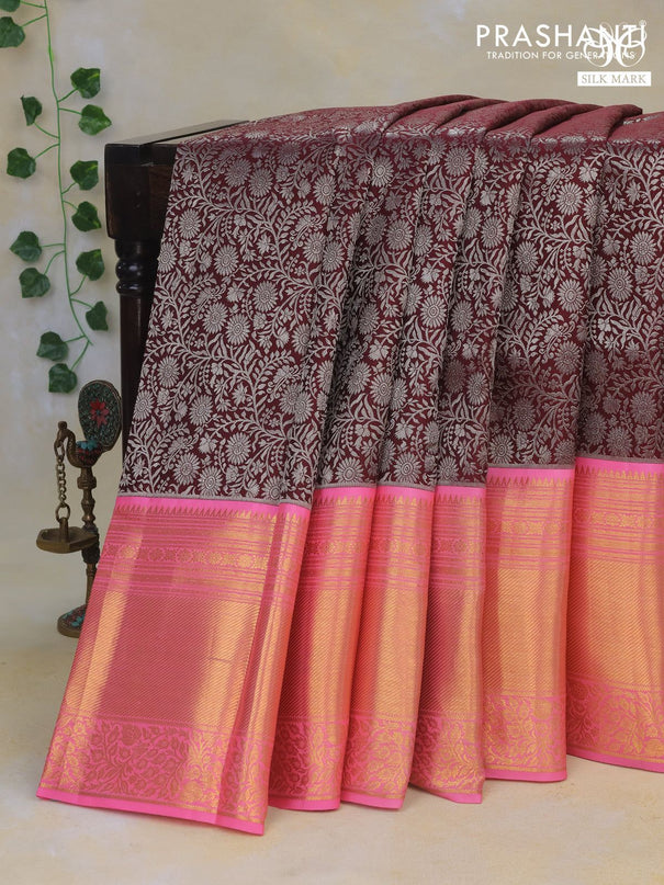 Pure kanchipuram silk saree deep maroon and candy pink with allover silver zari woven brocade weaves and long rich zari woven border