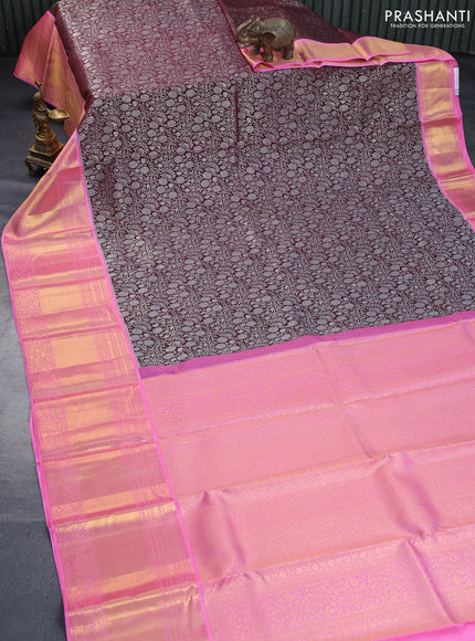 Pure kanchipuram silk saree deep maroon and candy pink with allover silver zari woven brocade weaves and long rich zari woven border