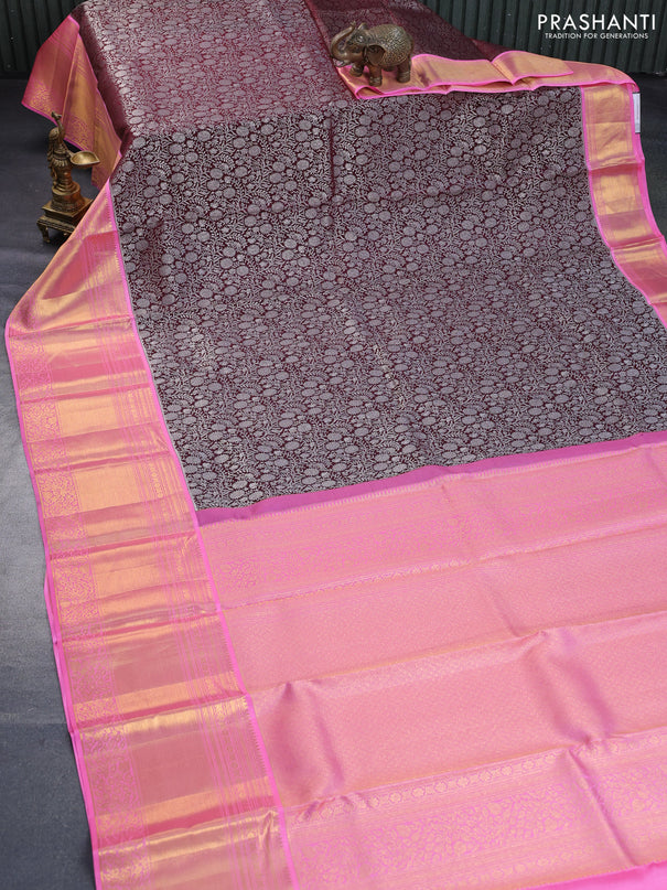 Pure kanchipuram silk saree deep maroon and candy pink with allover silver zari woven brocade weaves and long rich zari woven border