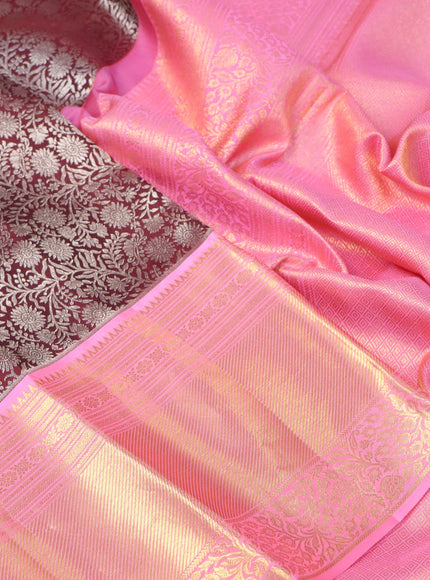 Pure kanchipuram silk saree deep maroon and candy pink with allover silver zari woven brocade weaves and long rich zari woven border