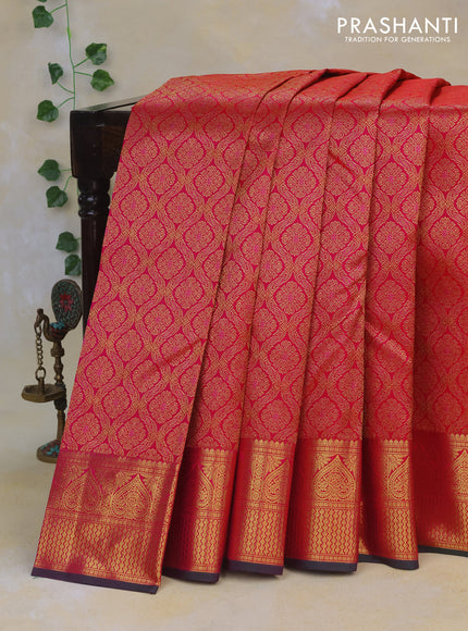 Pure kanchipuram silk saree pink and green with allover zari woven brocade weaves and rich zari woven border