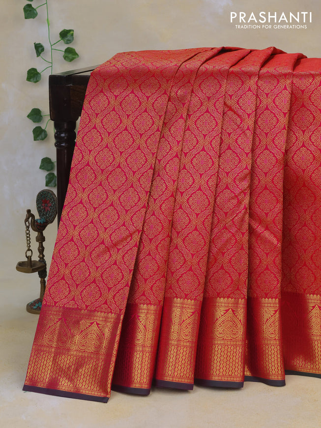 Pure kanchipuram silk saree pink and green with allover zari woven brocade weaves and rich zari woven border