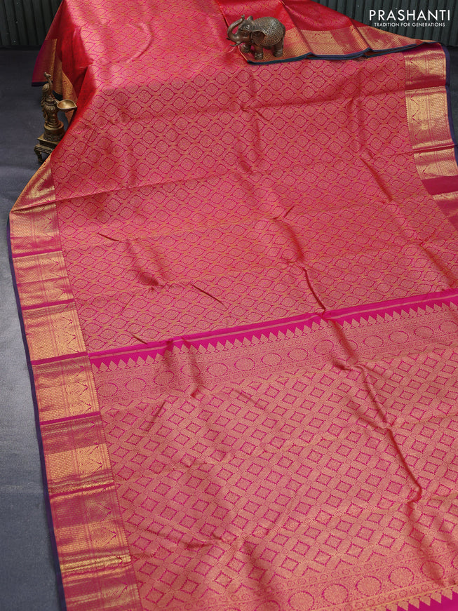 Pure kanchipuram silk saree pink and green with allover zari woven brocade weaves and rich zari woven border