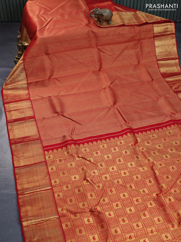 Pure kanchipuram silk saree red with allover zari weaves and rich zari woven border