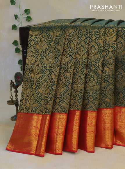 Pure kanchipuram silk saree bottle green and red with allover zari woven brocade weaves and rich zari woven border