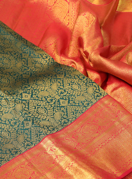 Pure kanchipuram silk saree bottle green and red with allover zari woven brocade weaves and rich zari woven border