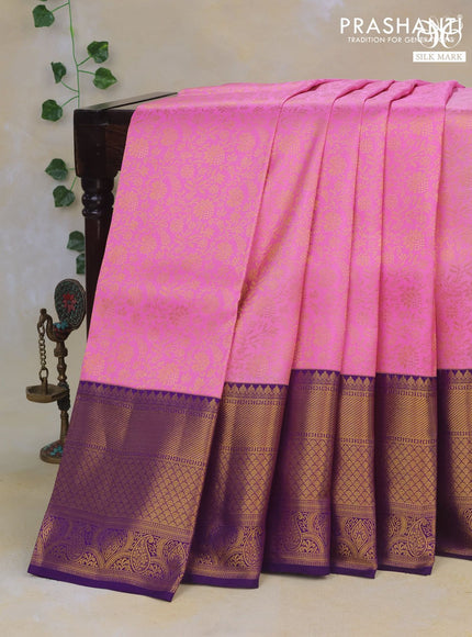 Pure kanchipuram silk saree candy pink and violet shade with allover zari woven brocade weaves and rich zari woven border