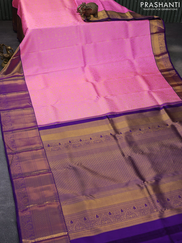 Pure kanchipuram silk saree candy pink and violet shade with allover zari woven brocade weaves and rich zari woven border