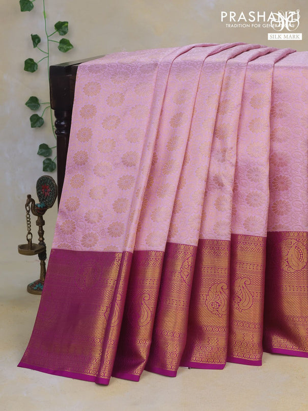 Pure kanchipuram silk saree light pink and purple with allover zari woven floral brocade weaves and long rich zari woven border