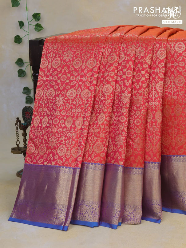 Pure kanchipuram silk saree dual shade of pinkish orange and dual shade of bluish pink with allover zari woven brocade weaves and rich zari woven border