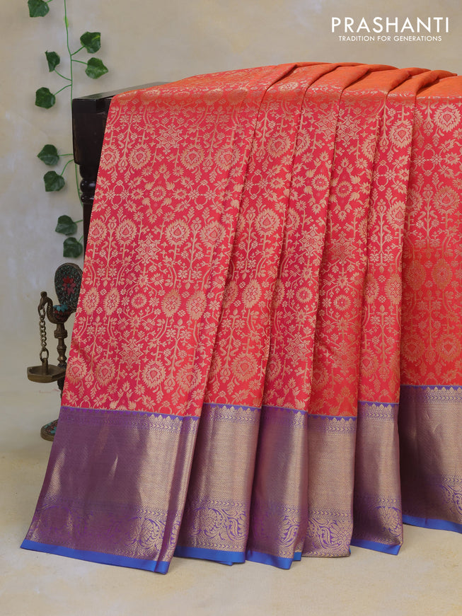 Pure kanchipuram silk saree dual shade of pinkish orange and dual shade of bluish pink with allover zari woven brocade weaves and rich zari woven border