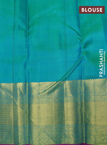 Pure kanchipuram silk saree dual shade of teal green and magenta pink with allover thread woven brocade weaves and rich zari woven border