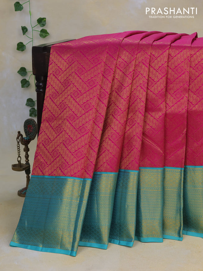 Pure kanchipuram silk saree magenta pink and teal blue with allover zari woven brocade weaves and rich zari woven border