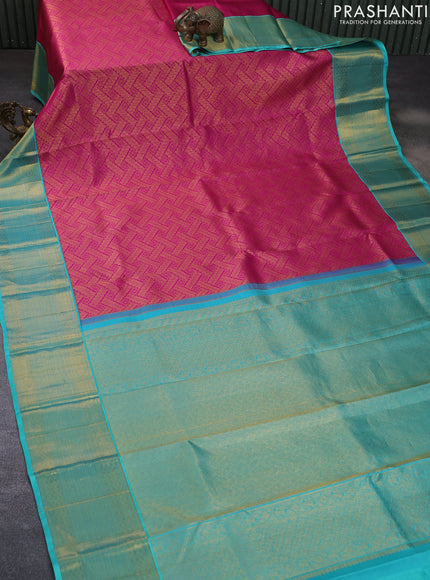 Pure kanchipuram silk saree magenta pink and teal blue with allover zari woven brocade weaves and rich zari woven border