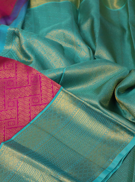 Pure kanchipuram silk saree magenta pink and teal blue with allover zari woven brocade weaves and rich zari woven border