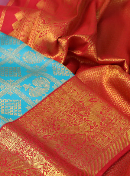 Pure kanchipuram silk saree light blue and red with allover zari woven brocade weaves and rich zari woven border