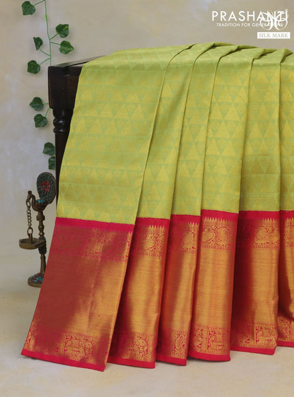 Pure kanchipuram silk saree light green and dual shade of pink with allover zari woven brocade weaves and long rich zari woven korvai border