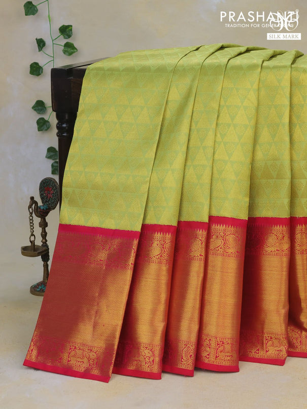 Pure kanchipuram silk saree light green and dual shade of pink with allover zari woven brocade weaves and long rich zari woven korvai border