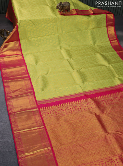 Pure kanchipuram silk saree light green and dual shade of pink with allover zari woven brocade weaves and long rich zari woven korvai border