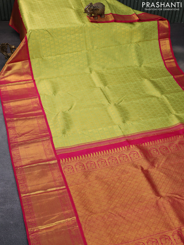 Pure kanchipuram silk saree light green and dual shade of pink with allover zari woven brocade weaves and long rich zari woven korvai border