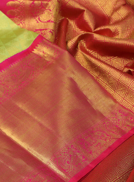 Pure kanchipuram silk saree light green and dual shade of pink with allover zari woven brocade weaves and long rich zari woven korvai border